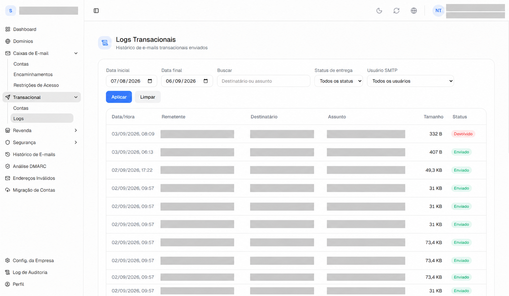 Logs Transacionais com período, busca, status de entrega e usuário SMTP.