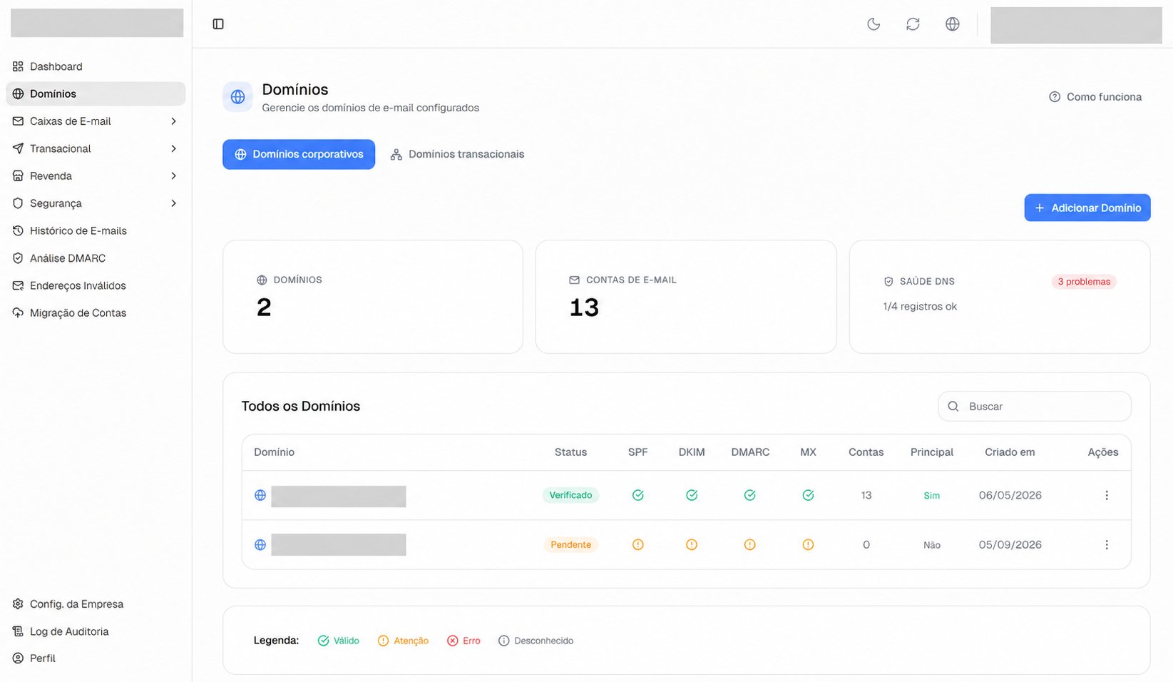 Tela de Domínios com abas corporativa e transacional, botão Adicionar Domínio e indicadores de DNS.