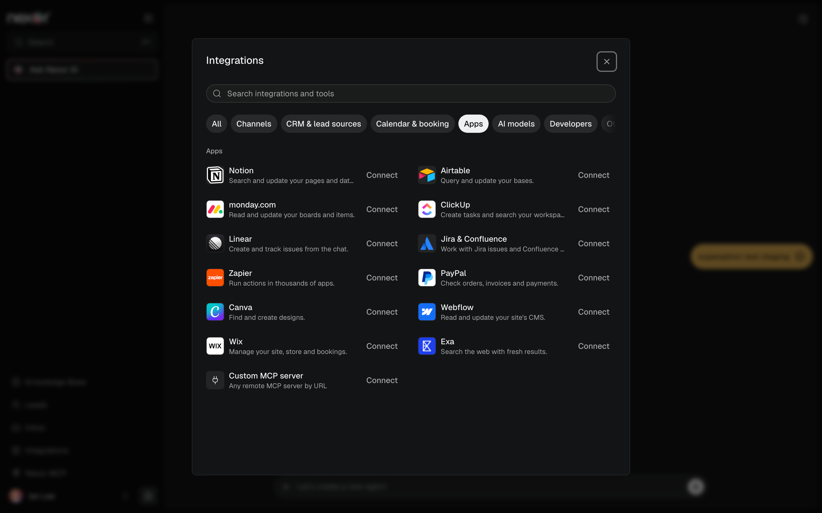 La pestaña Apps de Integraciones con el catálogo de apps.