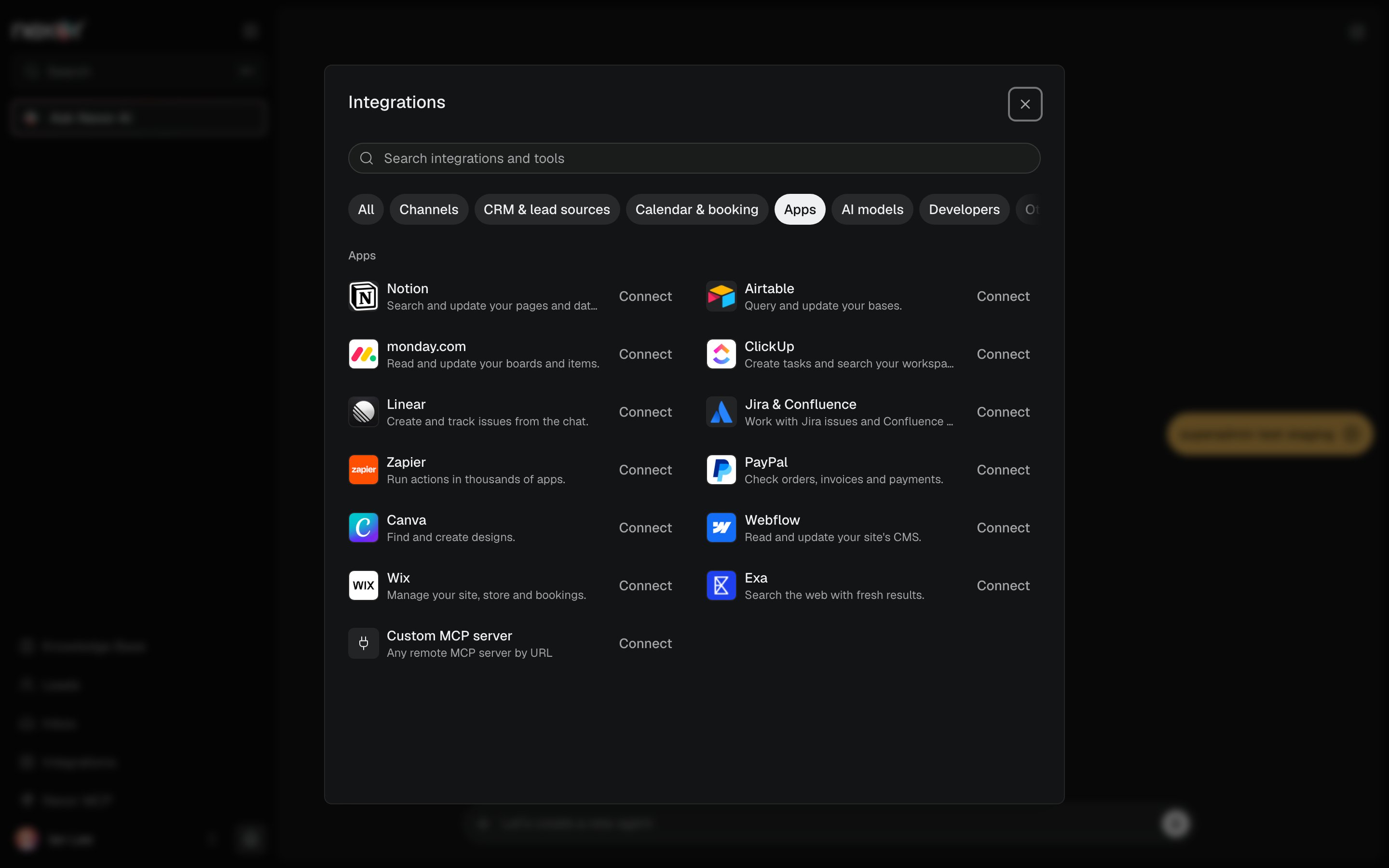 La pestaña Apps de Integraciones con el catálogo de apps.