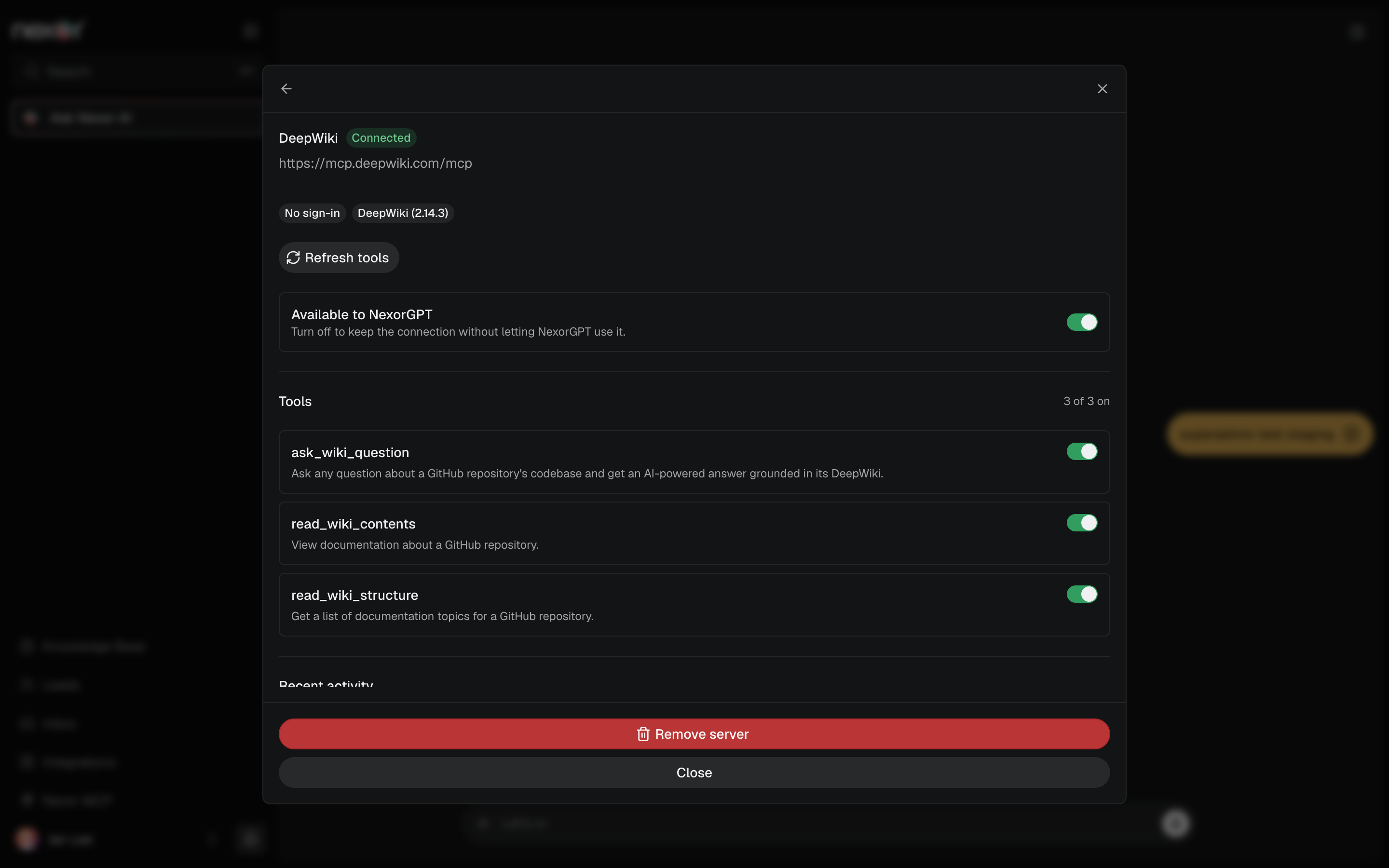 Un servidor conectado con sus herramientas, el interruptor de Nexor AI y la actividad reciente.