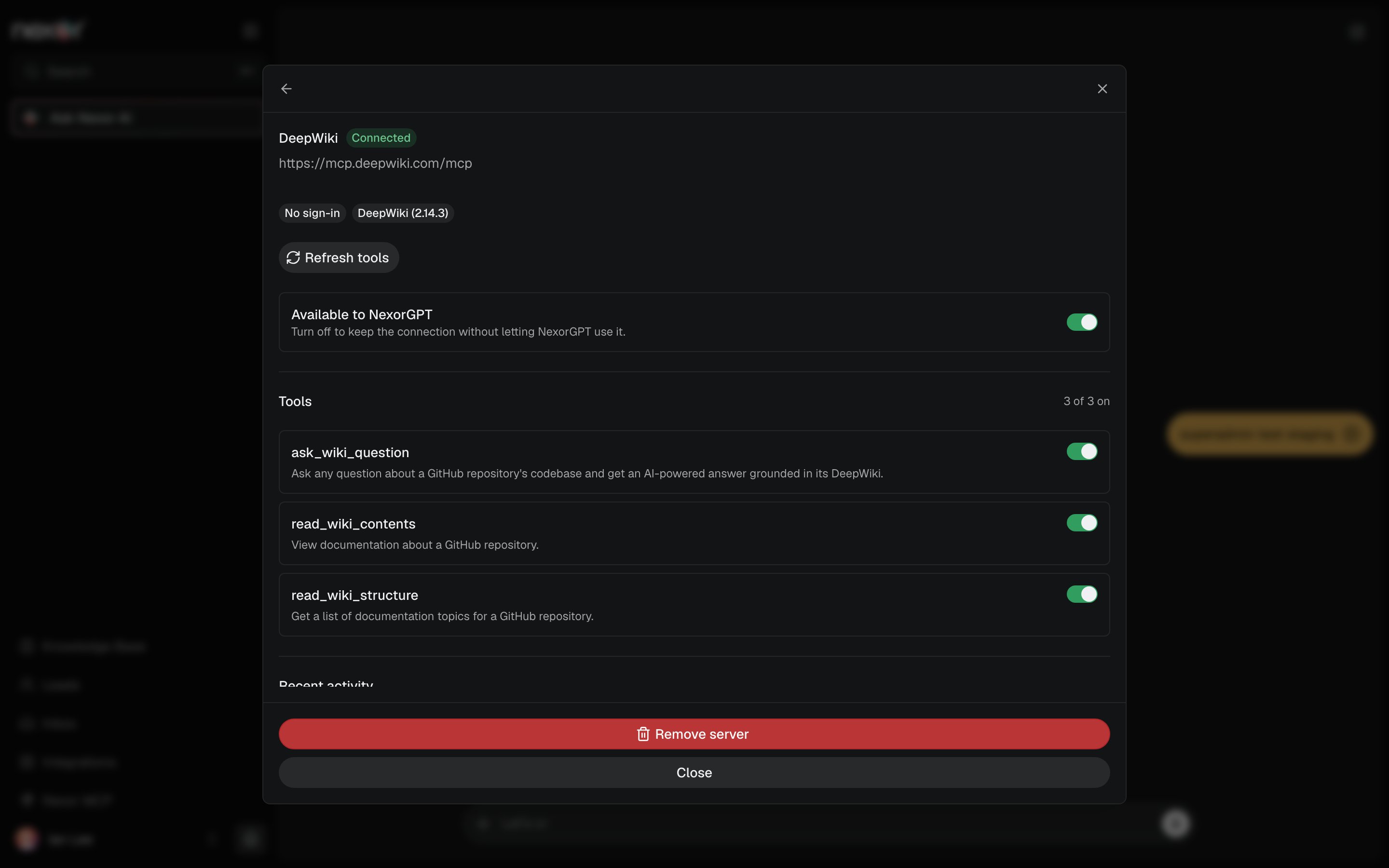 Un servidor conectado con sus herramientas, el interruptor de Nexor AI y la actividad reciente.
