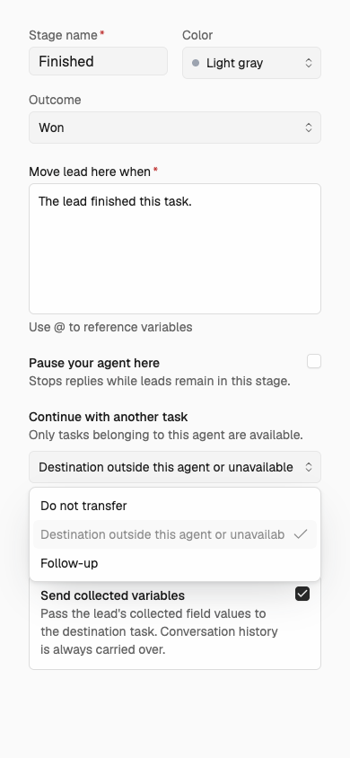 The task transfer selector offers a same-Agent task and keeps an unavailable saved destination visible.
