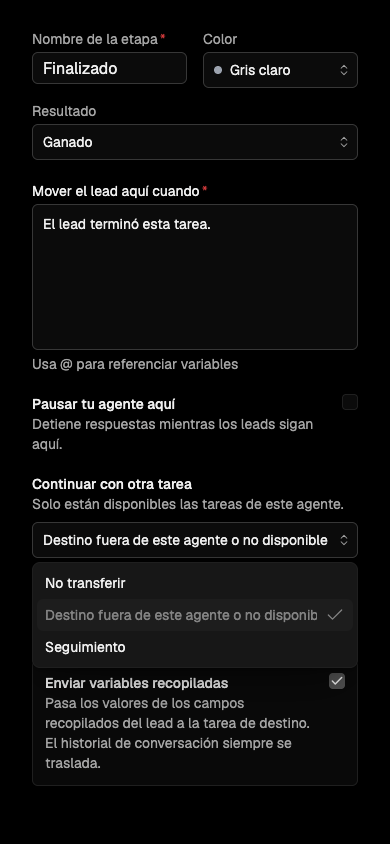 El selector ofrece una tarea del mismo Agente y conserva visible un destino guardado no disponible.