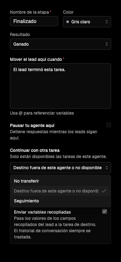 El selector ofrece una tarea del mismo Agente y conserva visible un destino guardado no disponible.