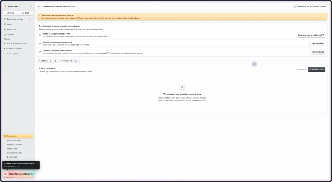 Custom connection Inputs tab with webhook and API paths