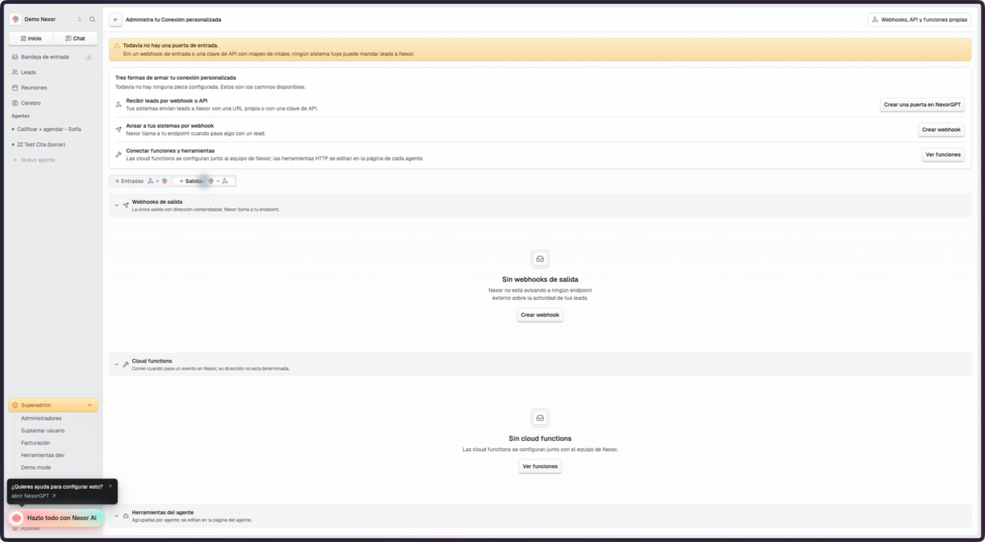 Custom connection Outputs tab with outgoing webhooks, cloud functions, and agent tools