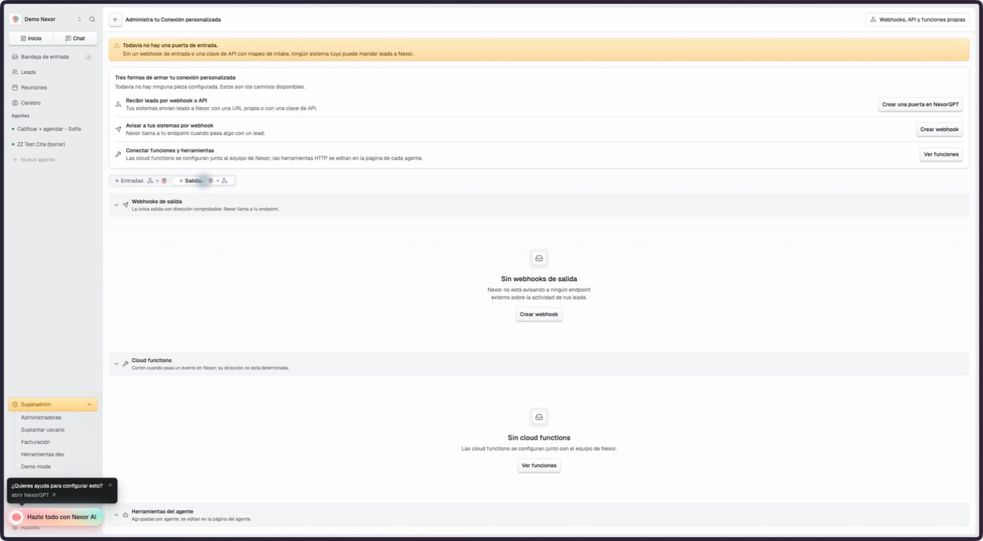 Custom connection Outputs tab with outgoing webhooks, cloud functions, and agent tools
