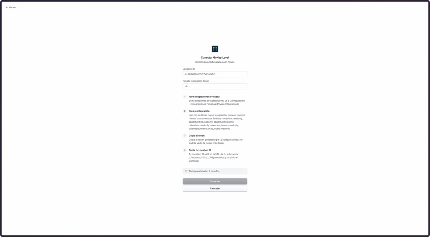 Pantalla de la integración GoHighLevel desconectada en staging de Nexor