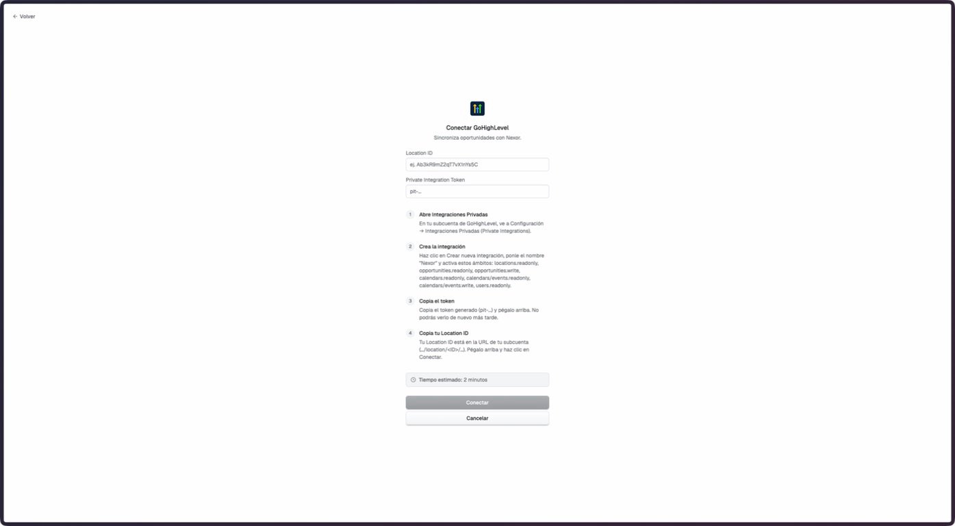 Pantalla de la integración GoHighLevel desconectada en staging de Nexor