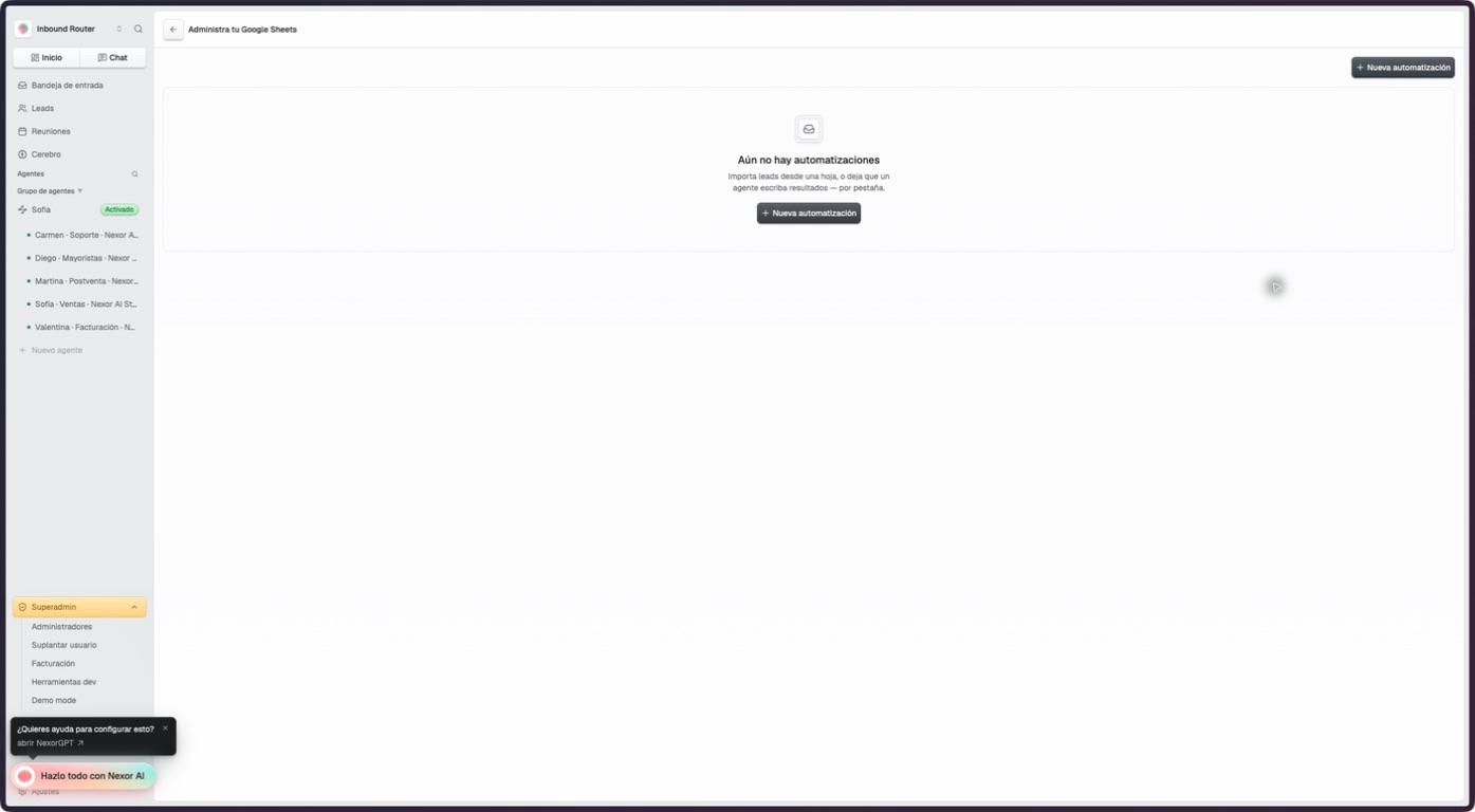 Pantalla vacía de automatizaciones de Google Sheets con el botón Nueva automatización