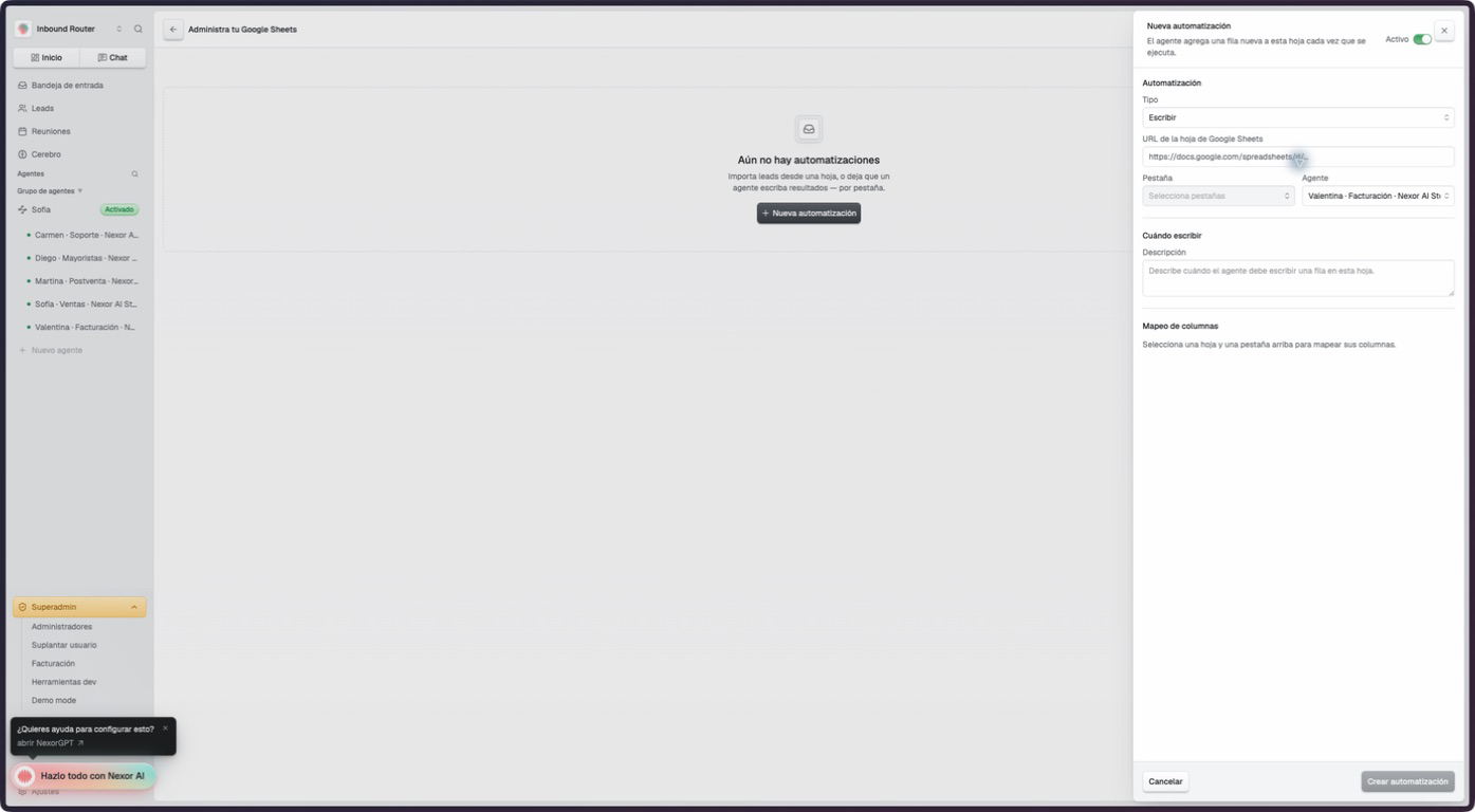 Drawer de una automatización nueva de Google Sheets con Escribir seleccionado y el campo Cuándo escribir