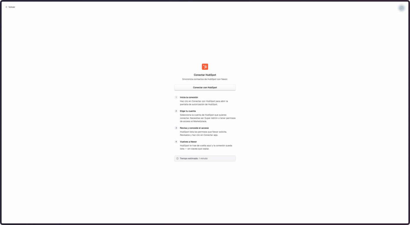 Disconnected HubSpot integration screen in Nexor staging
