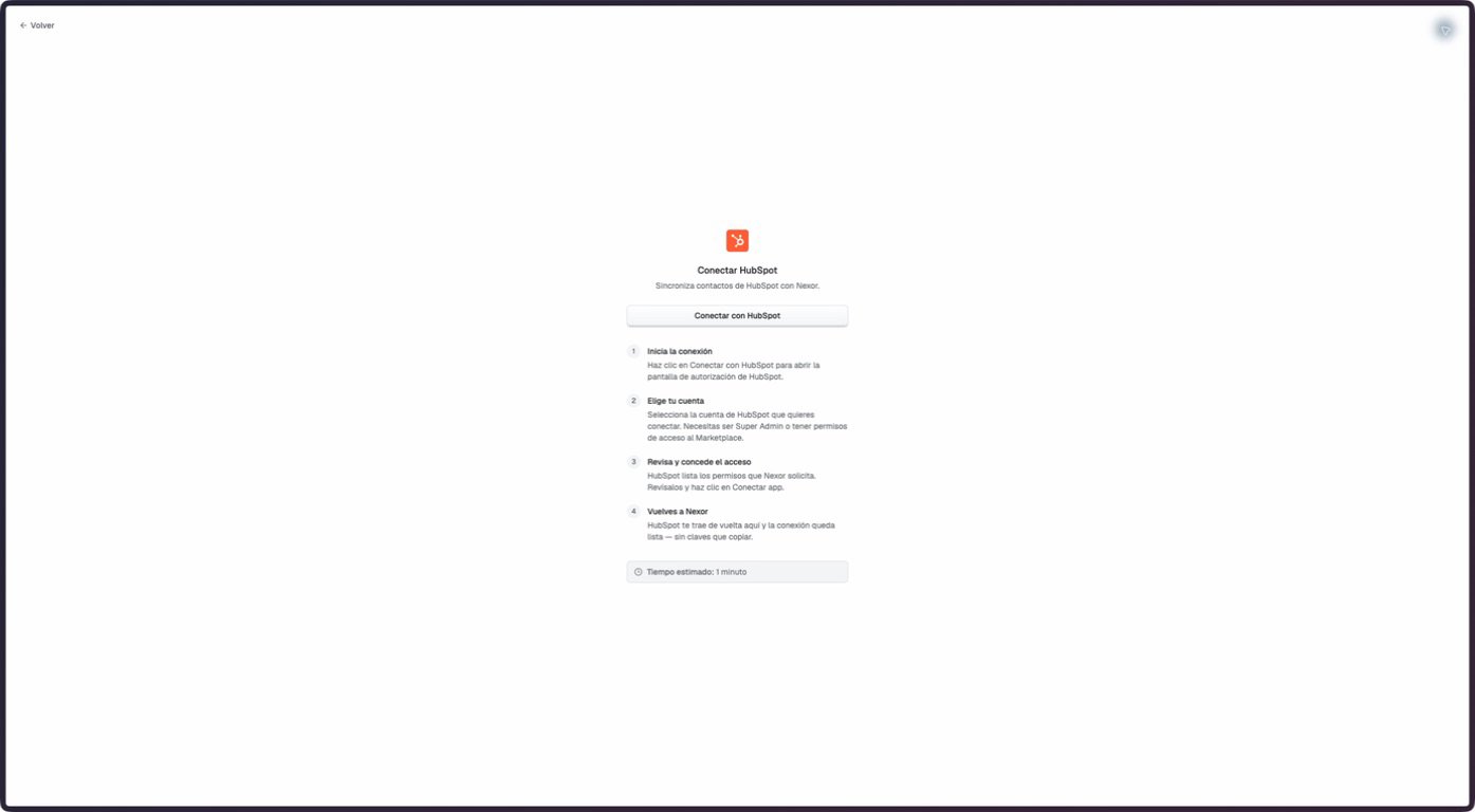 Disconnected HubSpot integration screen in Nexor staging