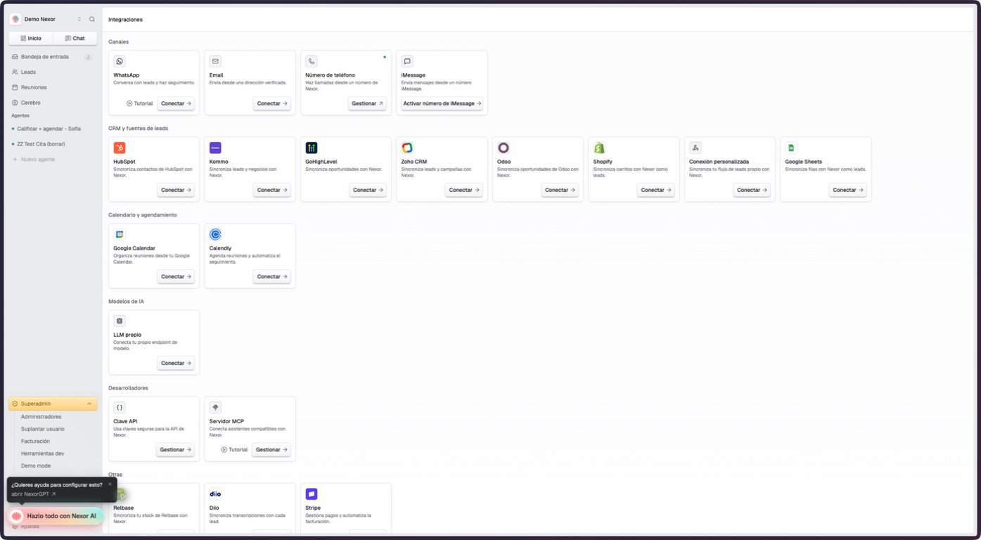 Nexor Integrations grid grouped by product area