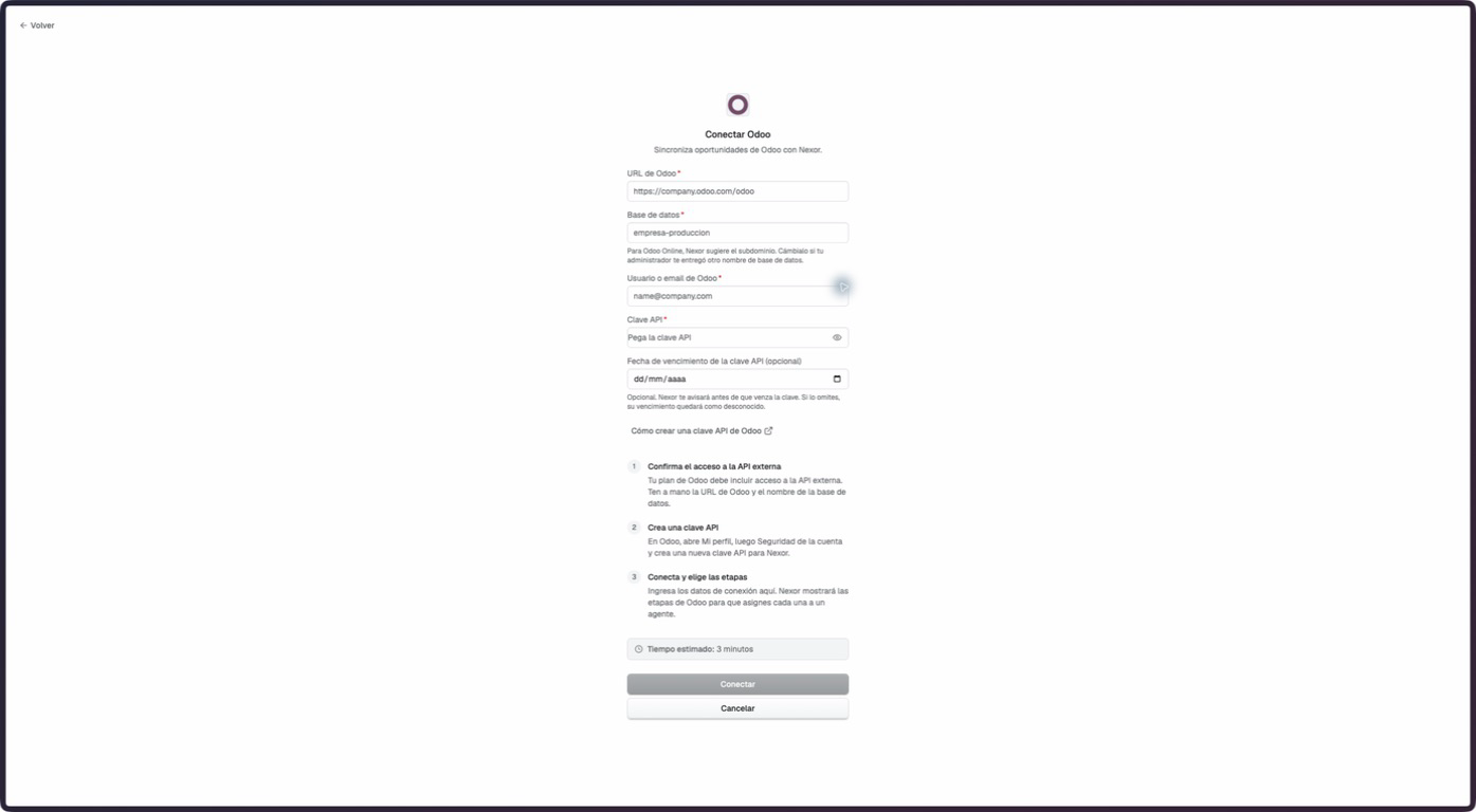 The native Odoo form with URL, database, username or email, API key, and optional expiry fields.