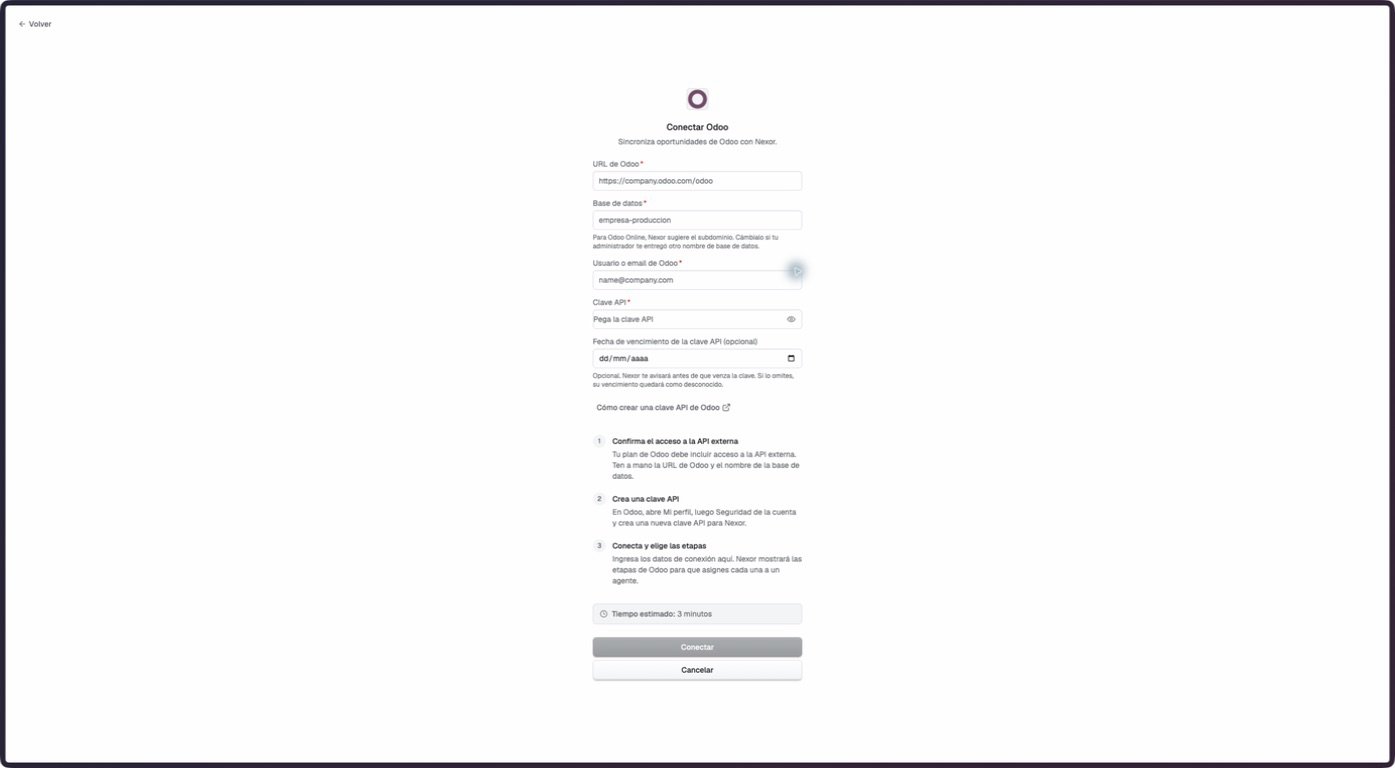The native Odoo form with URL, database, username or email, API key, and optional expiry fields.