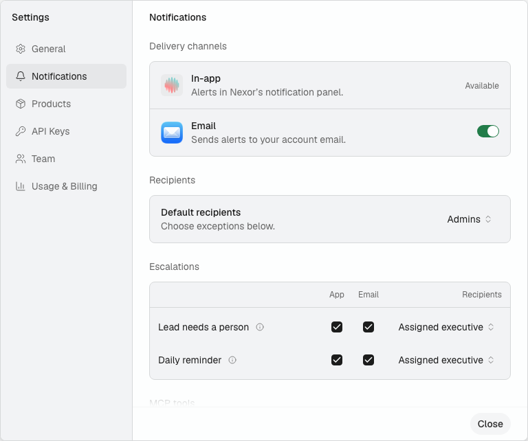 Settings window, Notifications tab: the In-app and Email delivery channels, Default recipients set to Admins, and the Escalations rows with App and Email checkboxes and Recipients set to Assigned executive.