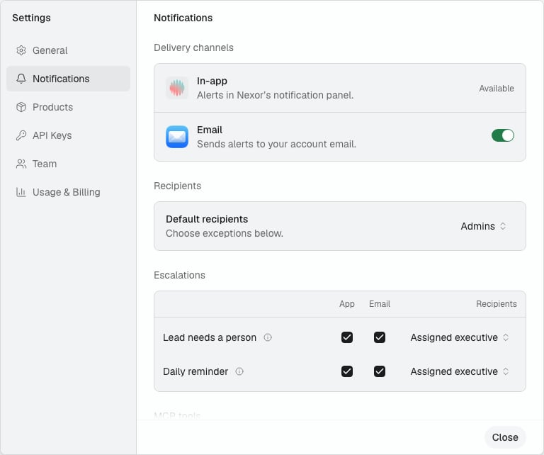 Settings window, Notifications tab: the In-app and Email delivery channels, Default recipients set to Admins, and the Escalations rows with App and Email checkboxes and Recipients set to Assigned executive.