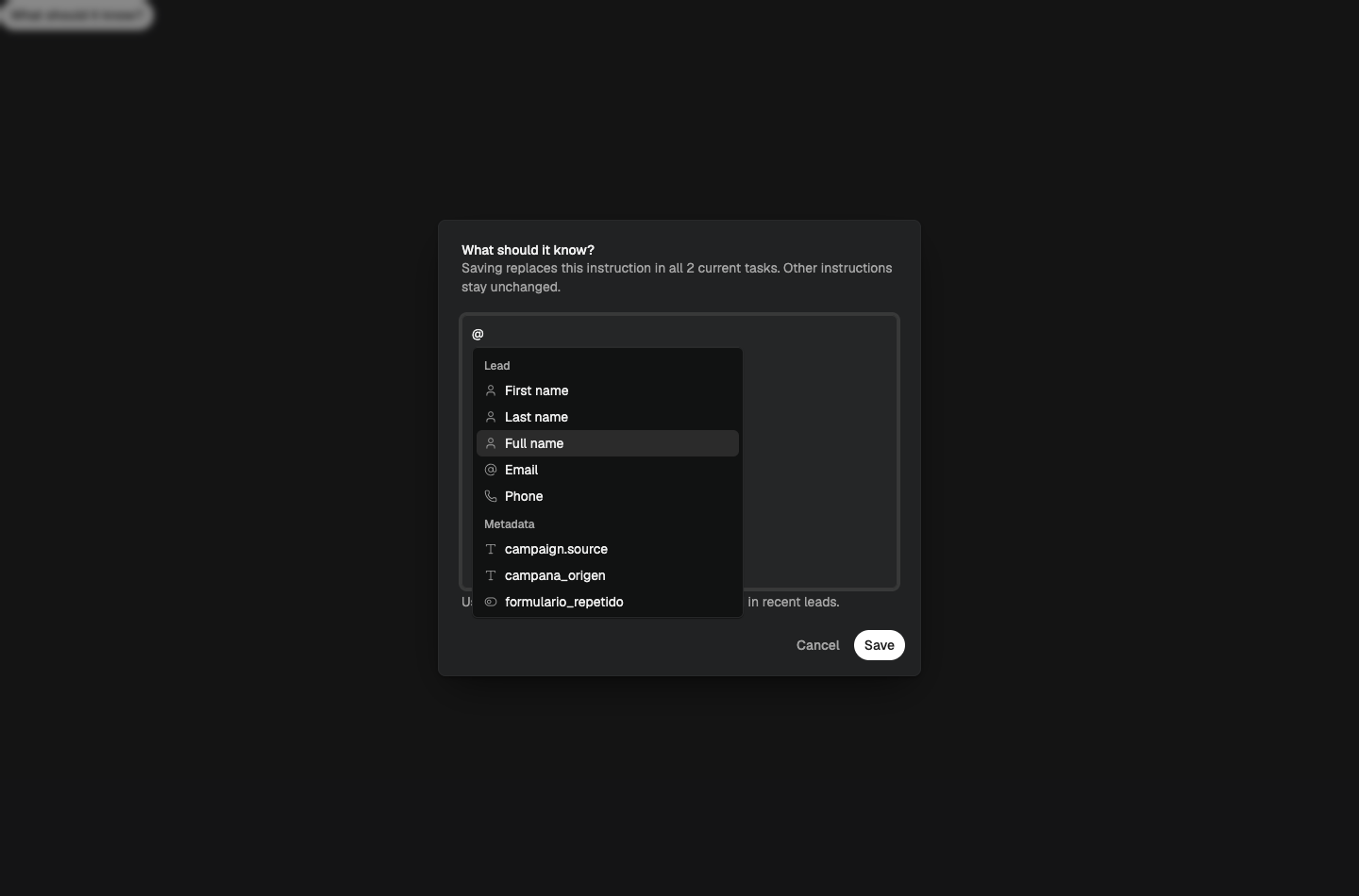 Metadata picker in agent instructions