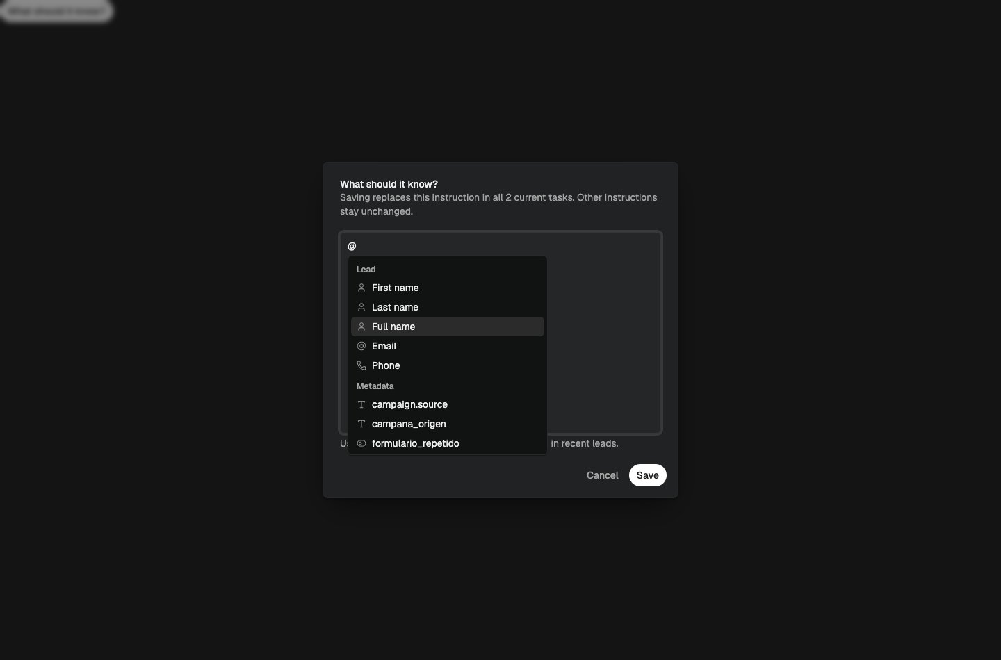 Metadata picker in agent instructions