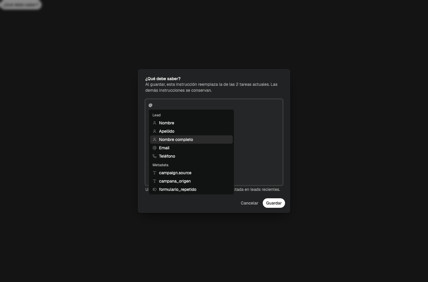 Selector de metadata en las instrucciones del agente