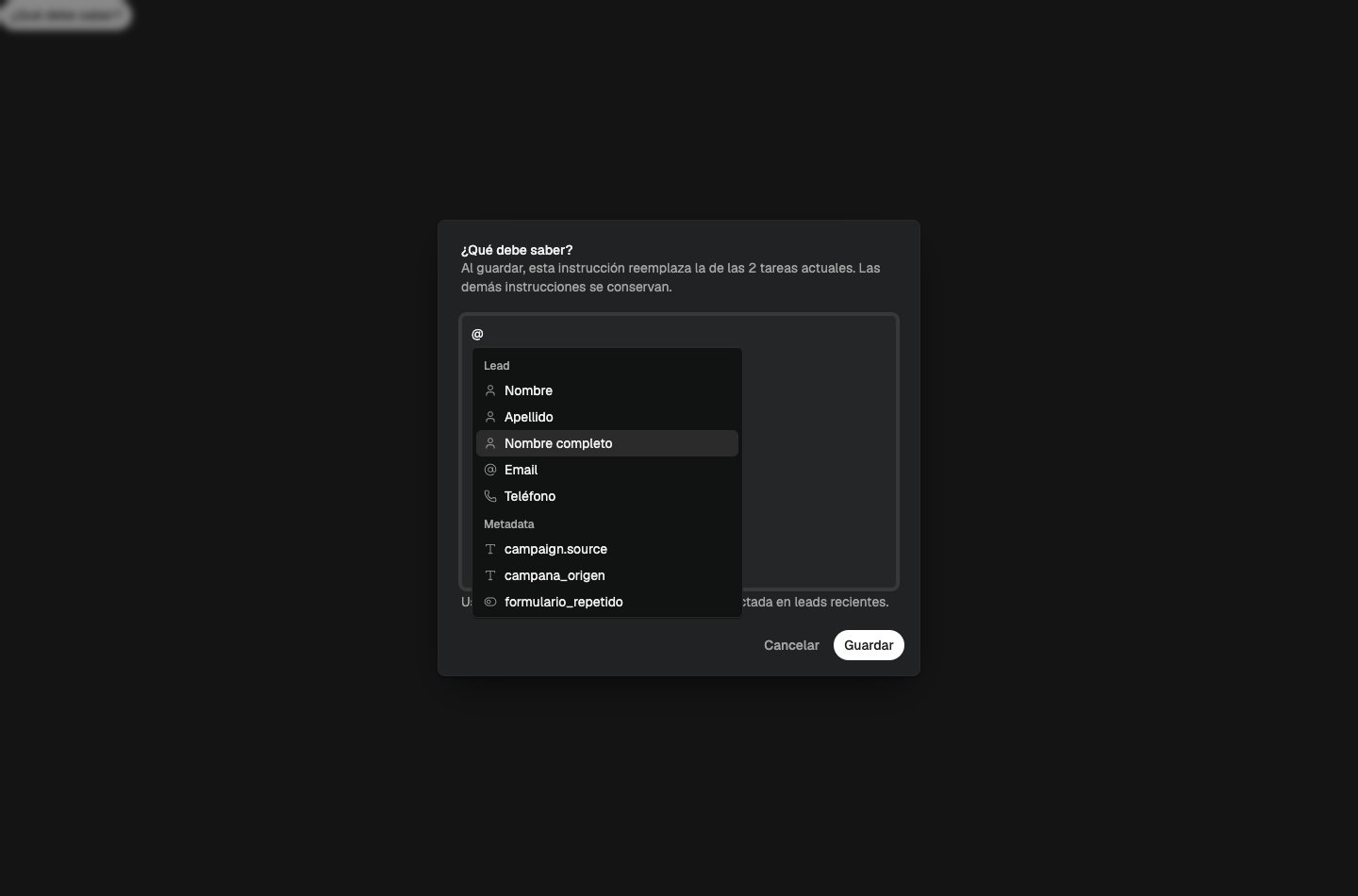 Selector de metadata en las instrucciones del agente
