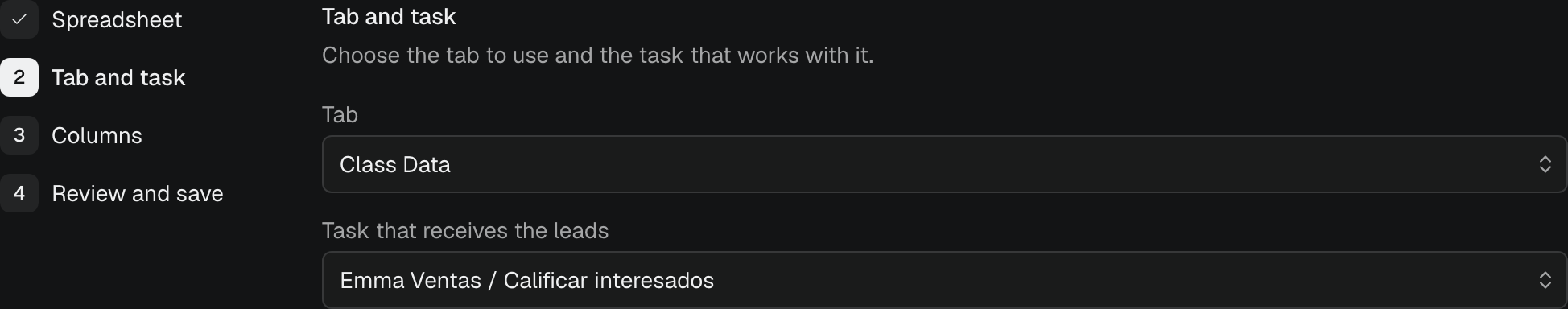 The Tab and task step of the Google Sheets setup, with a tab and a task selected.