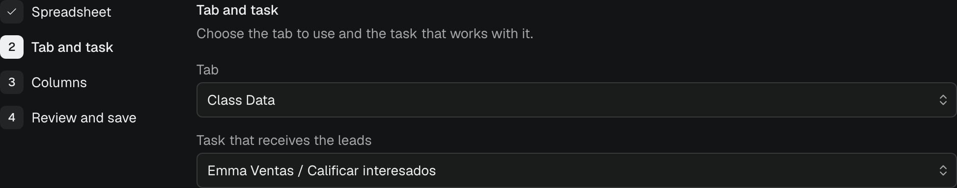 The Tab and task step of the Google Sheets setup, with a tab and a task selected.