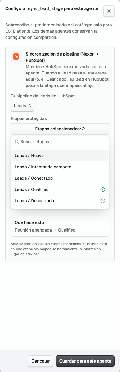 Configuración de Leads con Qualified y Descartado seleccionados como etapas protegidas