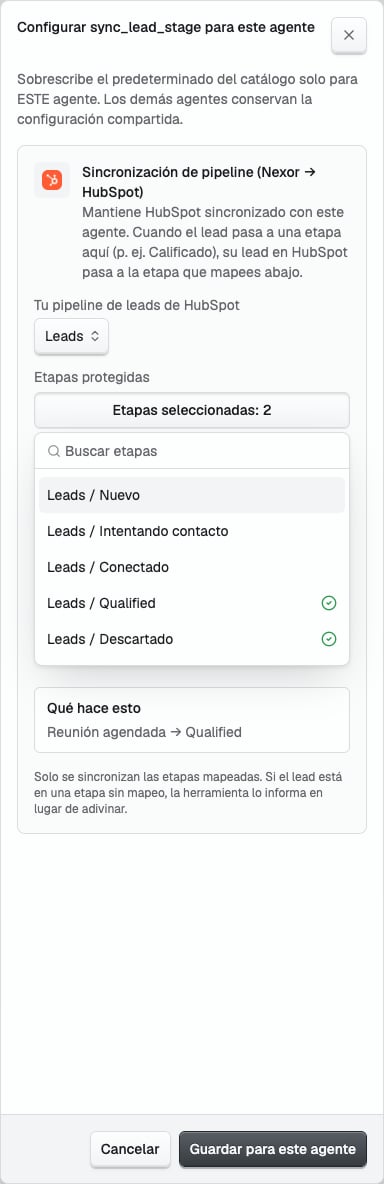 Configuración de Leads con Qualified y Descartado seleccionados como etapas protegidas