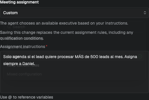 Meeting assignment selector with custom instructions open in the application