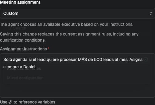 Meeting assignment selector with custom instructions open in the application