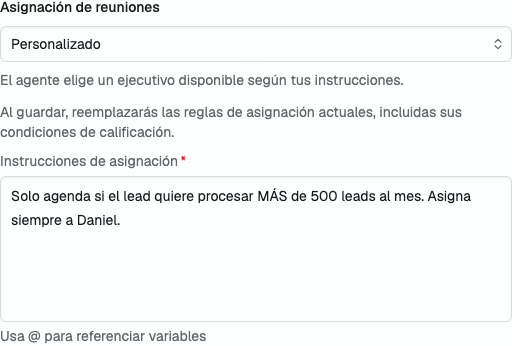 Selector de asignación con las instrucciones personalizadas abiertas en la aplicación