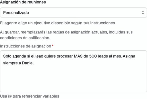 Selector de asignación con las instrucciones personalizadas abiertas en la aplicación