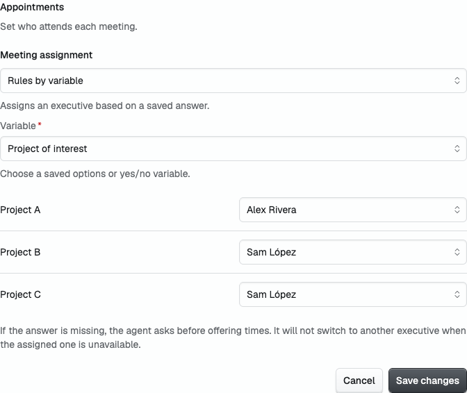 Rules by variable editor with example project options and assigned hosts
