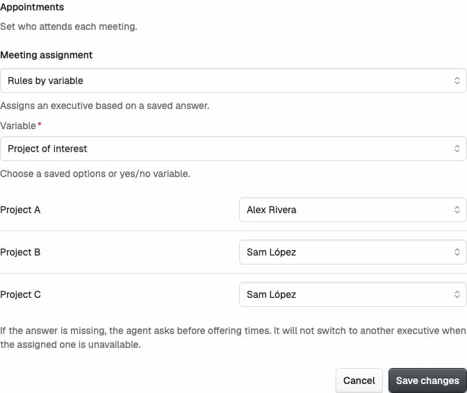 Rules by variable editor with example project options and assigned hosts
