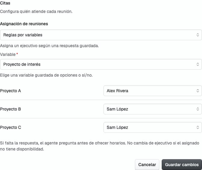 Editor de reglas por variables con opciones de proyecto y ejecutivos de ejemplo