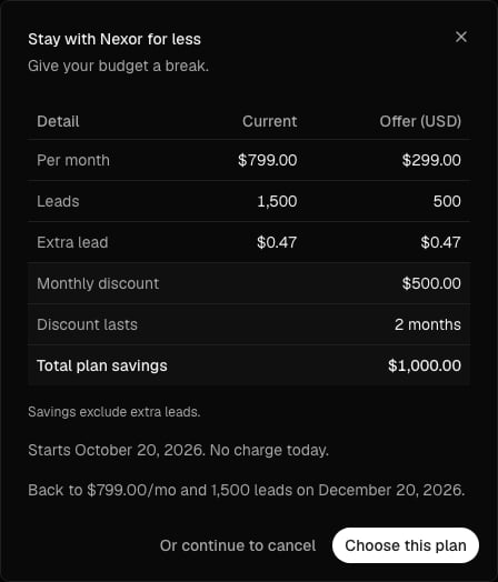 Temporary offer comparing monthly price, included leads, unchanged extra-lead rate and savings over two months