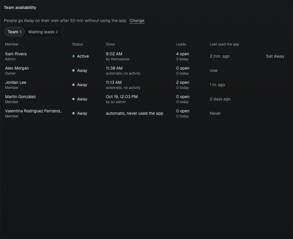 Team availability screen with the Team tab, each member's status, since when, leads and last use of the app