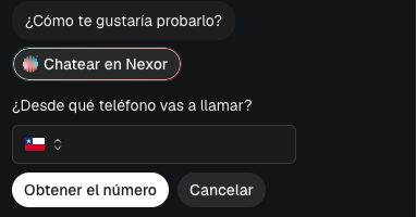 The inbound call test form asking which phone you will call from, with Get the number and Cancel. Shown in the Spanish interface.