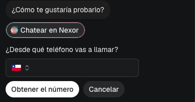 The inbound call test form asking which phone you will call from, with Get the number and Cancel. Shown in the Spanish interface.