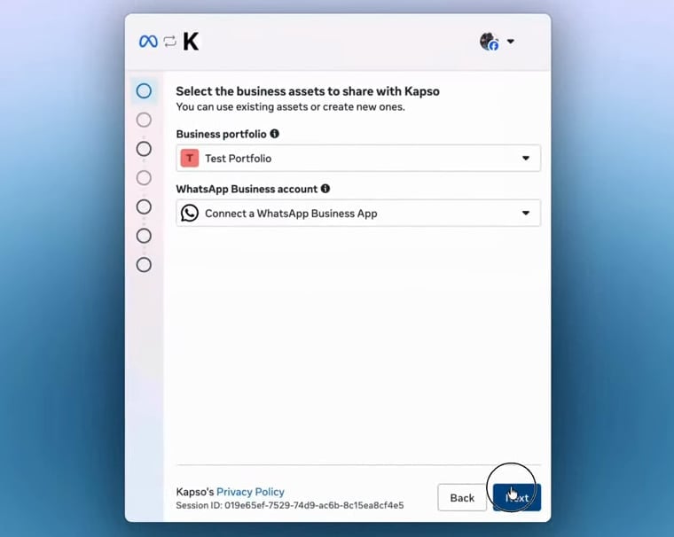 Meta muestra la opción Connect a WhatsApp Business App.