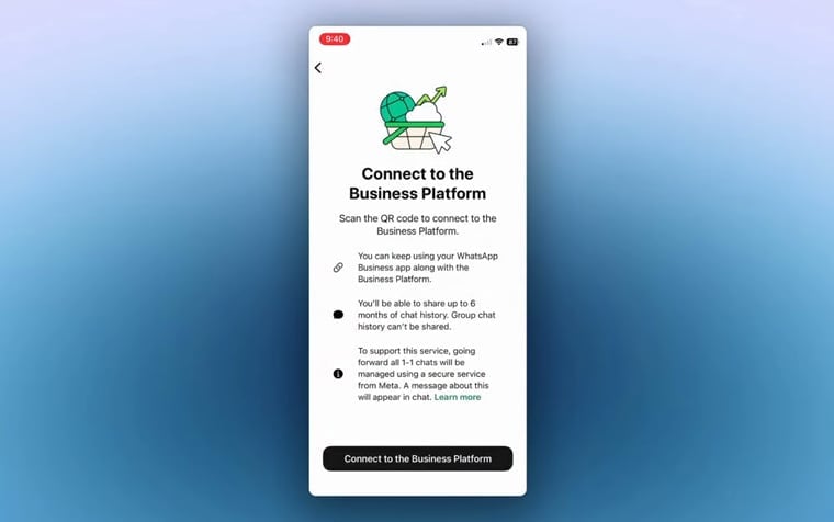 La app muestra la pantalla Connect to the Business Platform.
