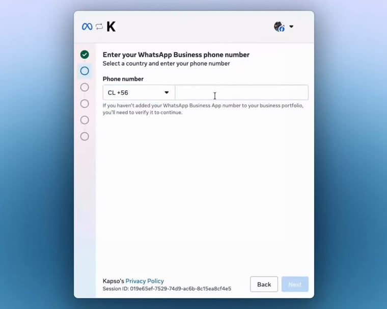 Meta pide el número de WhatsApp Business activo en la app.