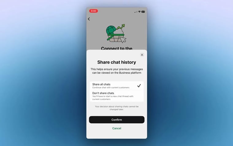 La app pregunta si compartir el historial de chats.