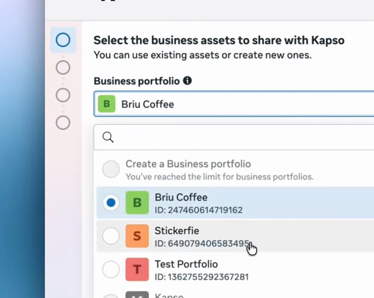 Meta te pide seleccionar el business portfolio.