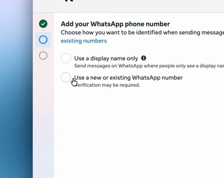 Meta muestra Use a new or existing WhatsApp number.