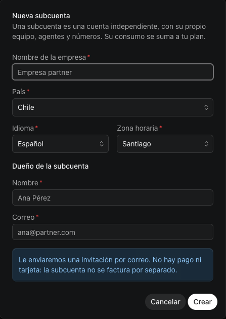 El cuadro Nueva subcuenta con nombre de la empresa, país, idioma, zona horaria y el nombre y correo del dueño.