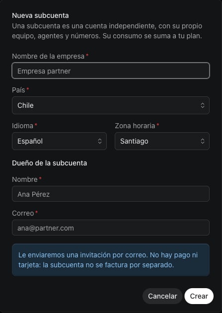 El cuadro Nueva subcuenta con nombre de la empresa, país, idioma, zona horaria y el nombre y correo del dueño.